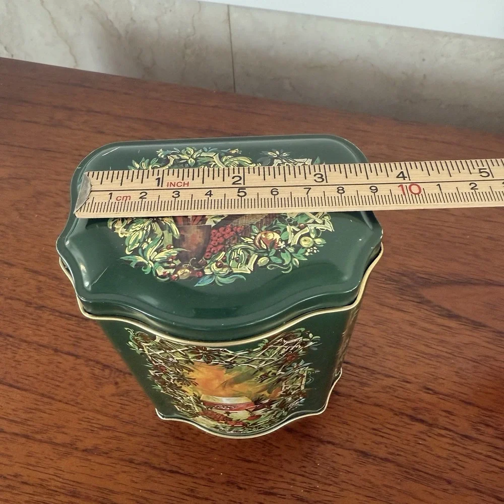 AVON Christmas Tin Canister empty Made in England 1981 Green Christmas Scene VTG
